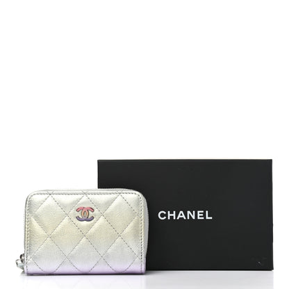 Chanel Gradient Metallic Calfskin Quilted Zip Around Coin Purse Wallet Silver Blue Yellow Purple 8 of 8