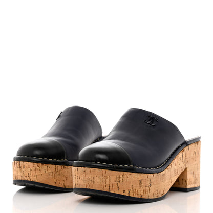 Chanel Calfskin Cork Cap Toe Platform Mules 37.5 Navy Black 3 of 10