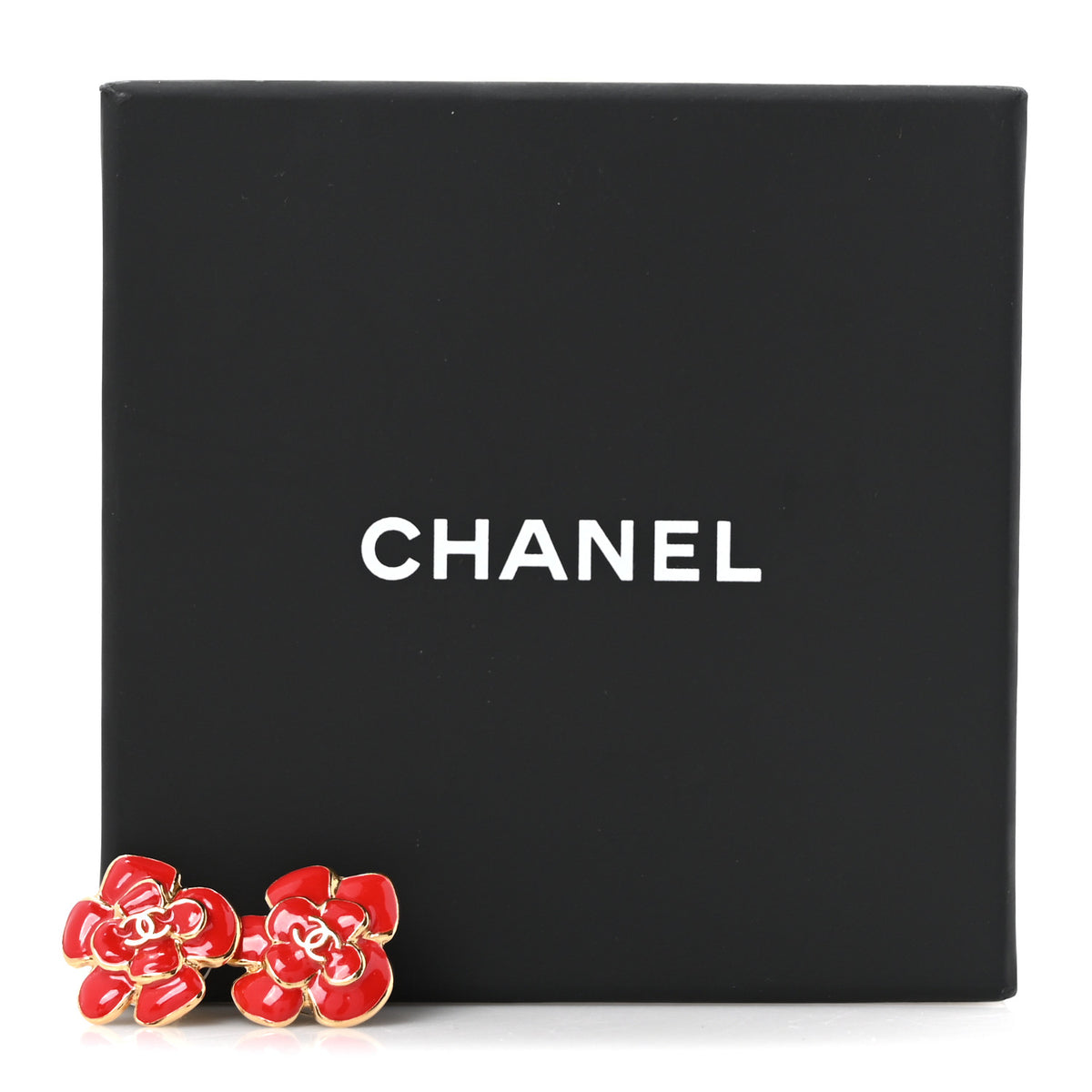 Metal Resin CC Camellia Stud Earrings Gold Red