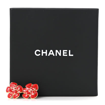 Chanel Metal Resin CC Camellia Stud Earrings Gold Red 5 of 5