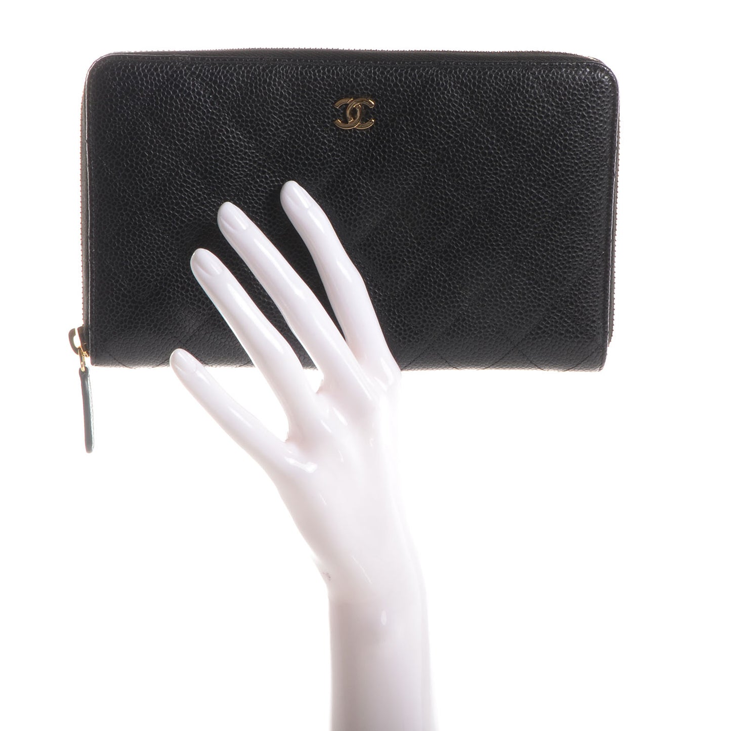 Caviar Quilted Large Zip Around Wallet Black