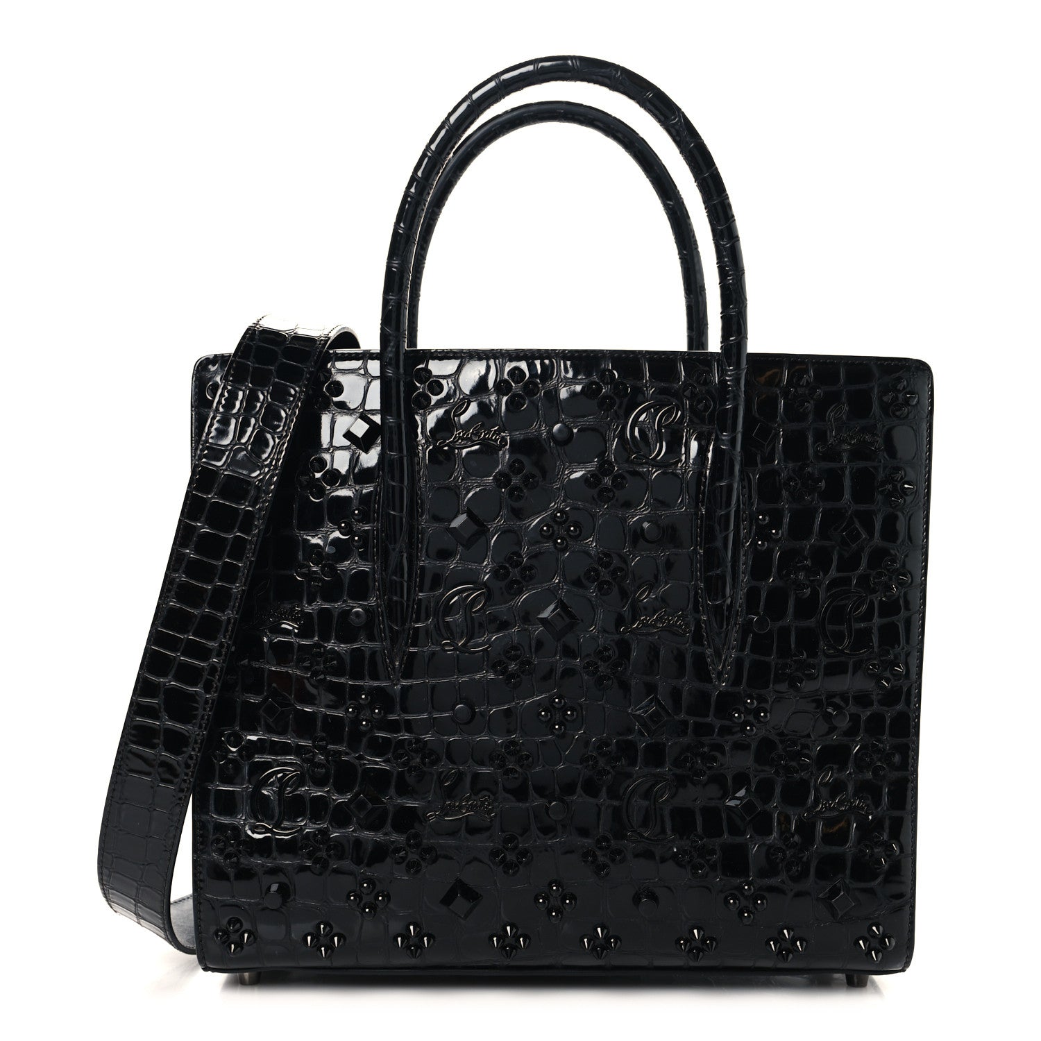 Christian Louboutin Calfskin Crocodile Embossed Studded Medium Paloma S Black 1 of 10