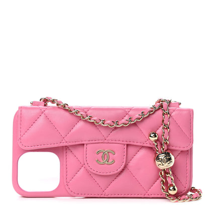 Chanel Lambskin Quilted Pearl Crush iPhone XII Pro Holder With Chain Pink 1 of 5