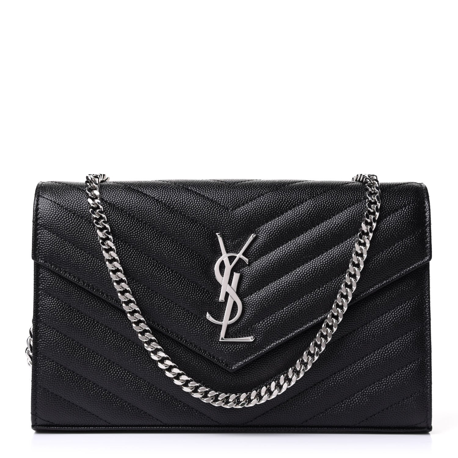Saint Laurent Grain De Poudre Matelasse Chevron Monogram Chain Wallet Black 1 of 10