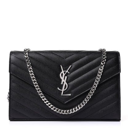 Saint Laurent Grain De Poudre Matelasse Chevron Monogram Chain Wallet Black 1 of 10