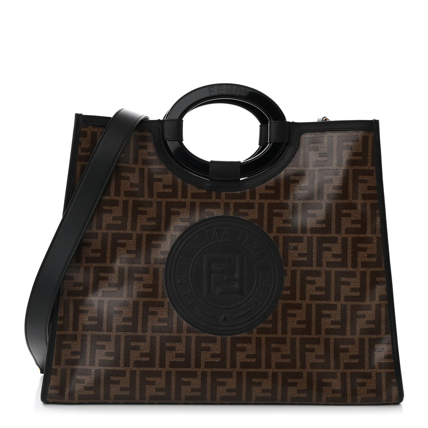 Glazed Fabric Vitello Century Plexiglass FF 1974 Stamp Patch Medium Runaway Shopper Tote Mogano Panna Black