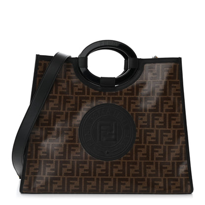 Fendi Glazed Fabric Vitello Century Plexiglass FF 1974 Stamp Patch Medium Runaway Shopper Tote Mogano Panna Black 1 of 12
