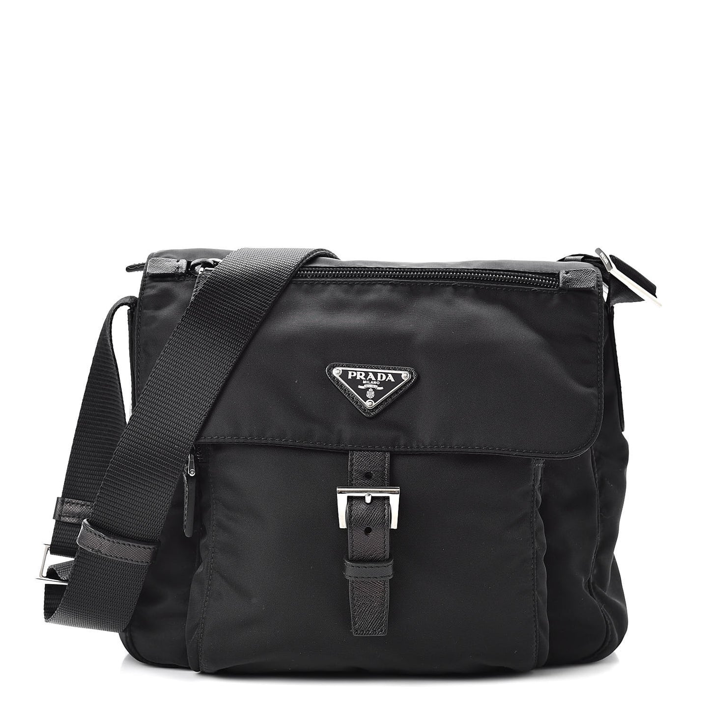 Nylon Vela Saffiano Single Buckle Messenger Shoulder Bag Black