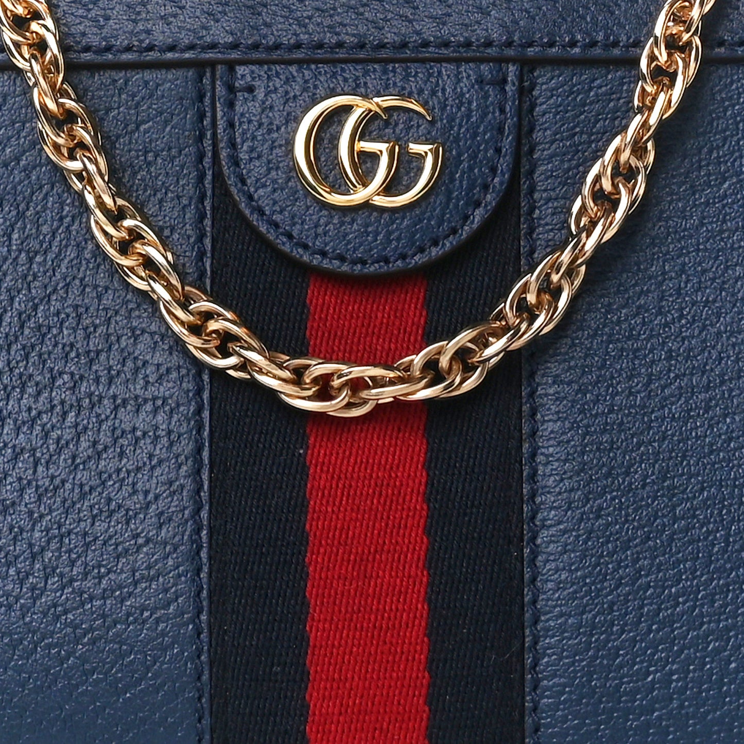 Textured Calfskin Web Small Ophidia Chain Shoulder Bag Blue Agata