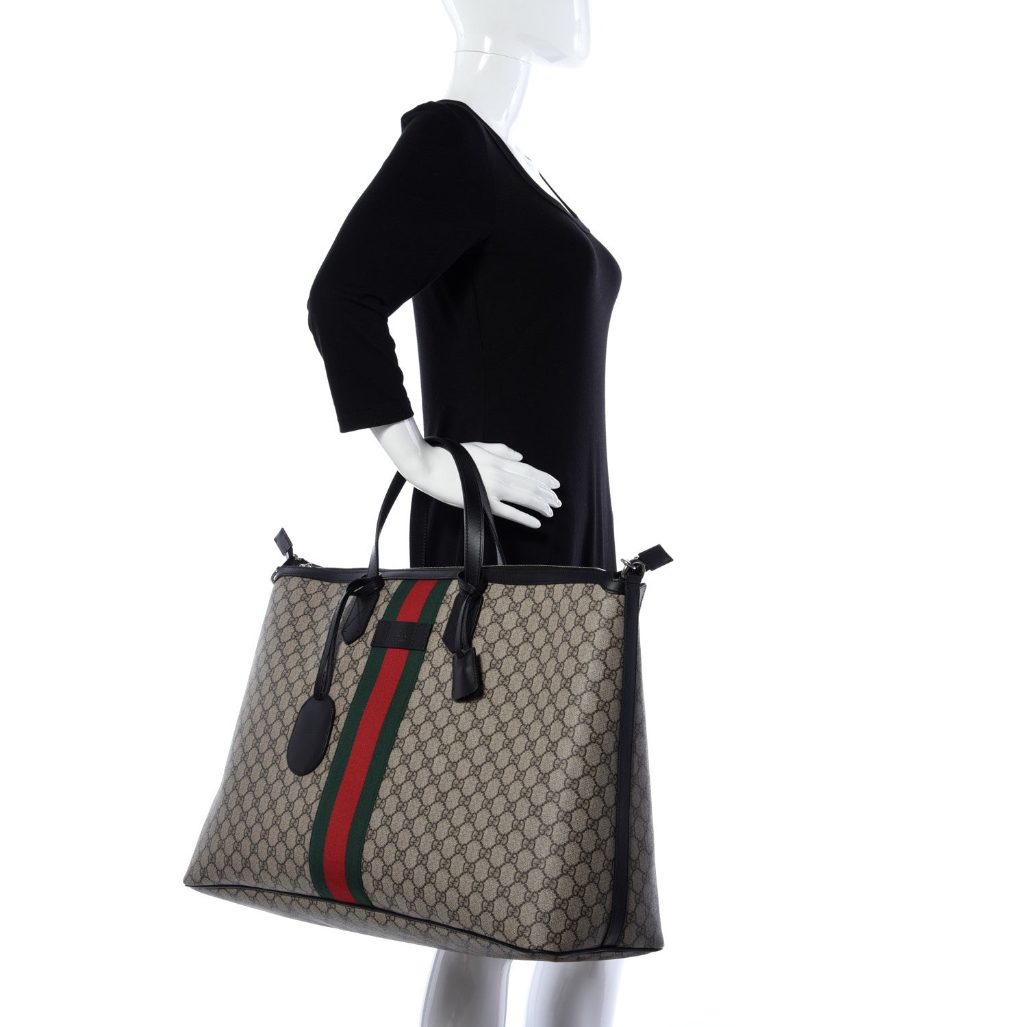 Gucci GG Supreme Monogram Web Large Zippered Tote Beige Black 3 of 20