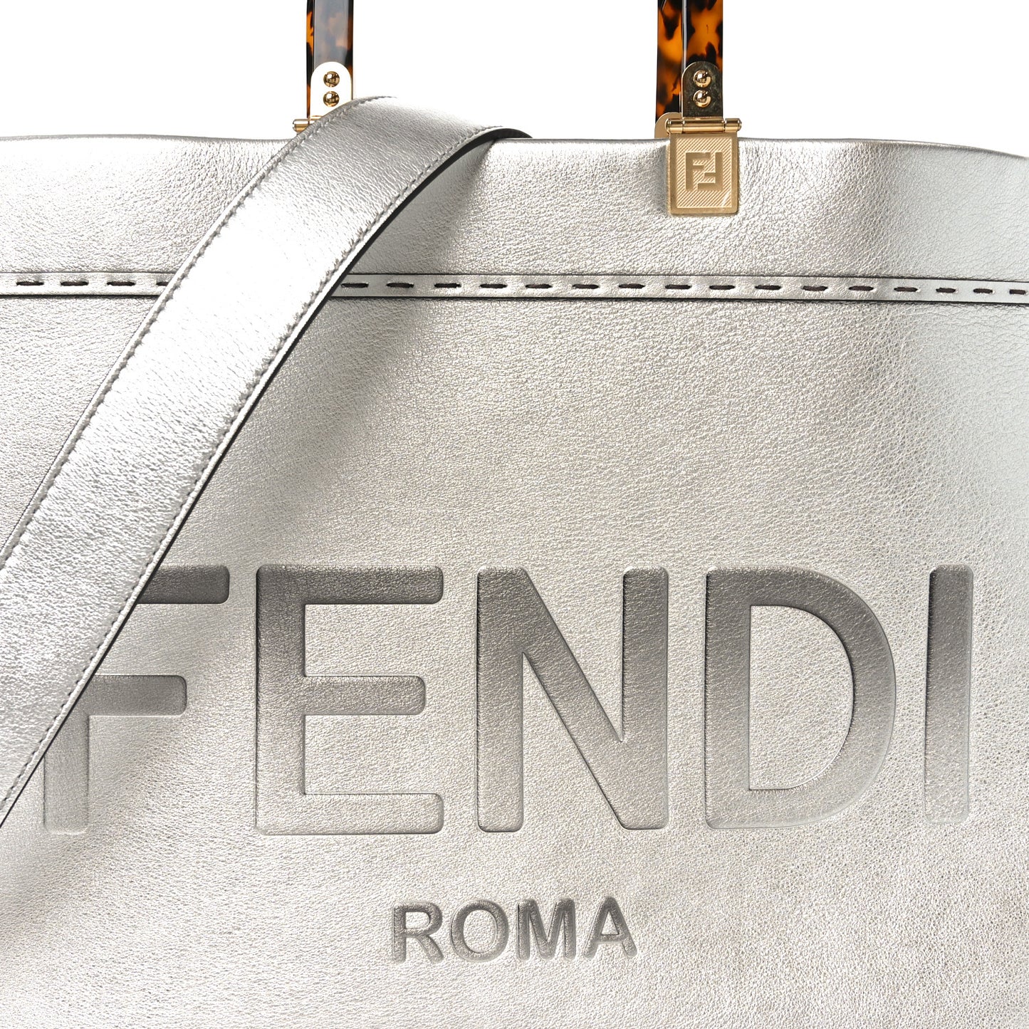 Vitello Catalan Mirror Plexiglass Logo Embossed Medium Fendi Sunshine Shopper Tote Argento