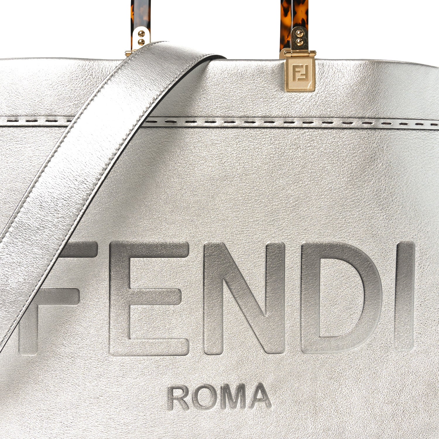 Fendi Vitello Catalan Mirror Plexiglass Logo Embossed Medium Fendi Sunshine Shopper Tote Argento 7 of 10