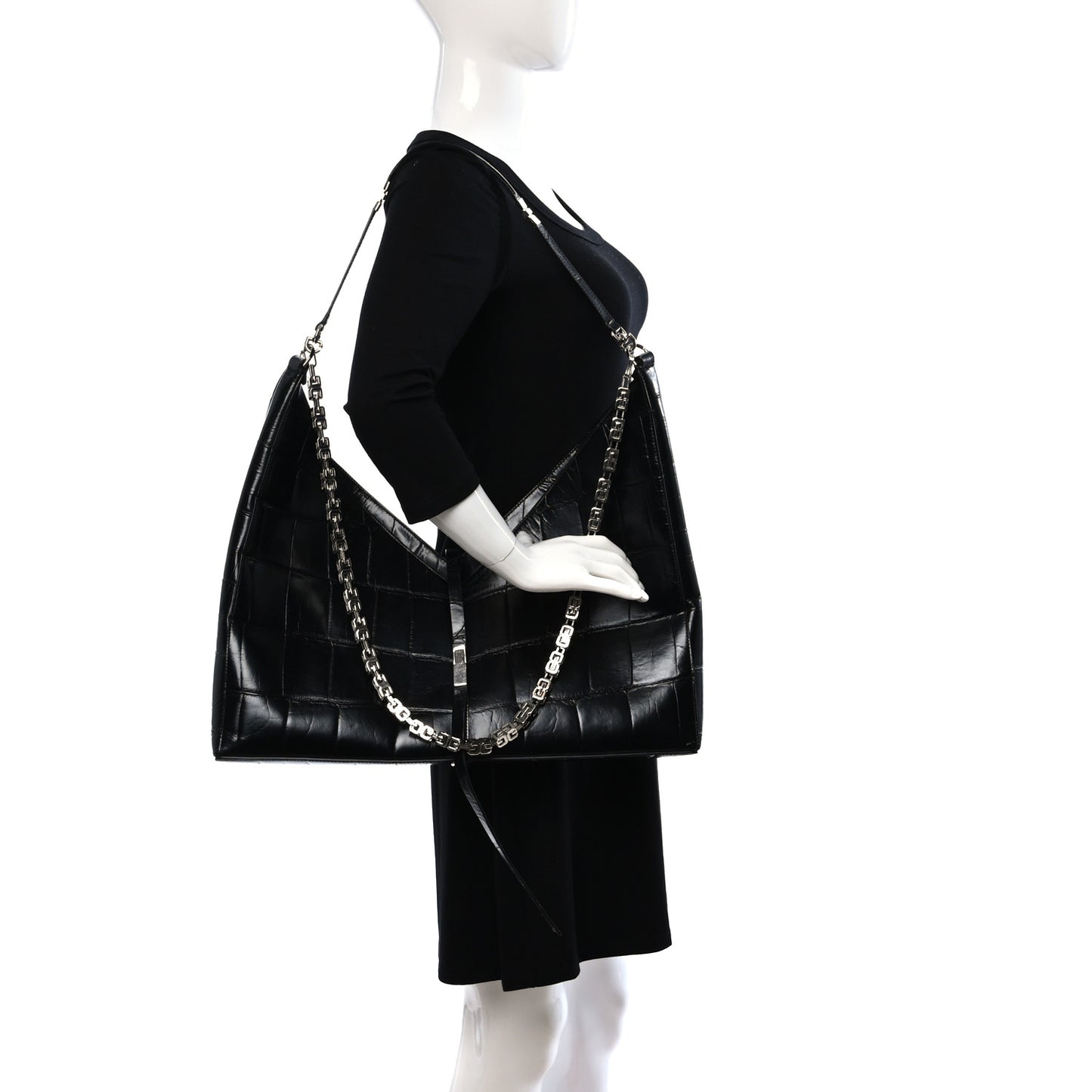 Calfskin Crocodile Embossed Large Cut Out Shoulder Bag Black