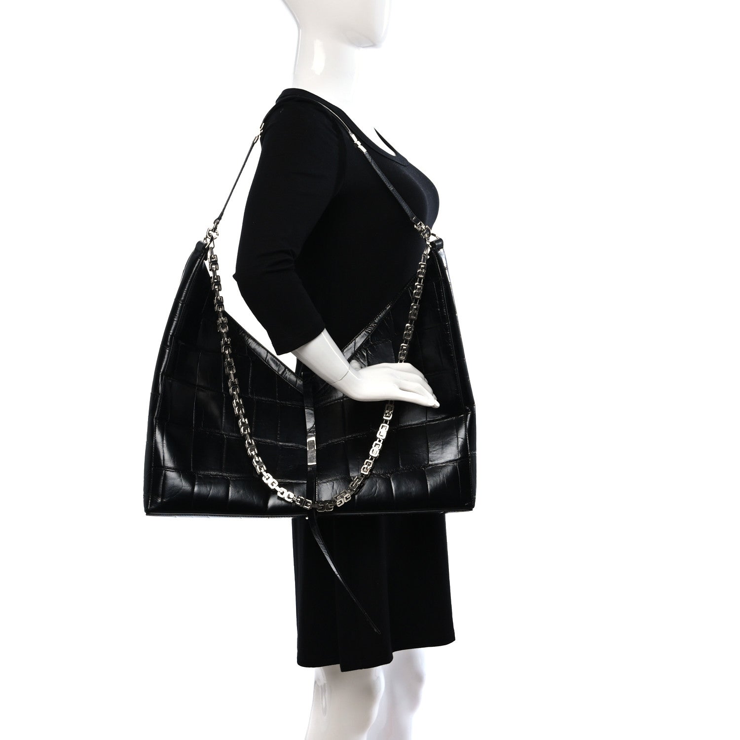 Givenchy Calfskin Crocodile Embossed Large Cut Out Shoulder Bag Black 2 of 8