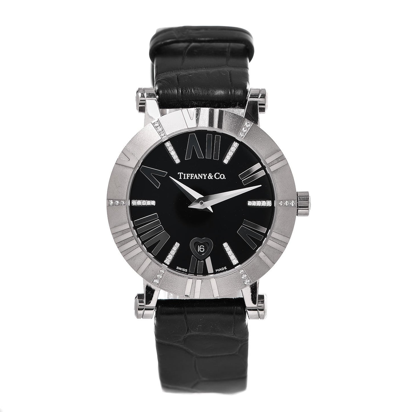 18K White Gold Alligator Diamond 30mm Atlas Quartz Watch Black