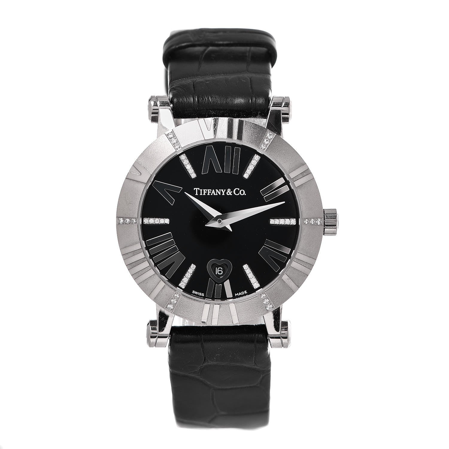 Tiffany 18K White Gold Alligator Diamond 30mm Atlas Quartz Watch Black 1 of 8