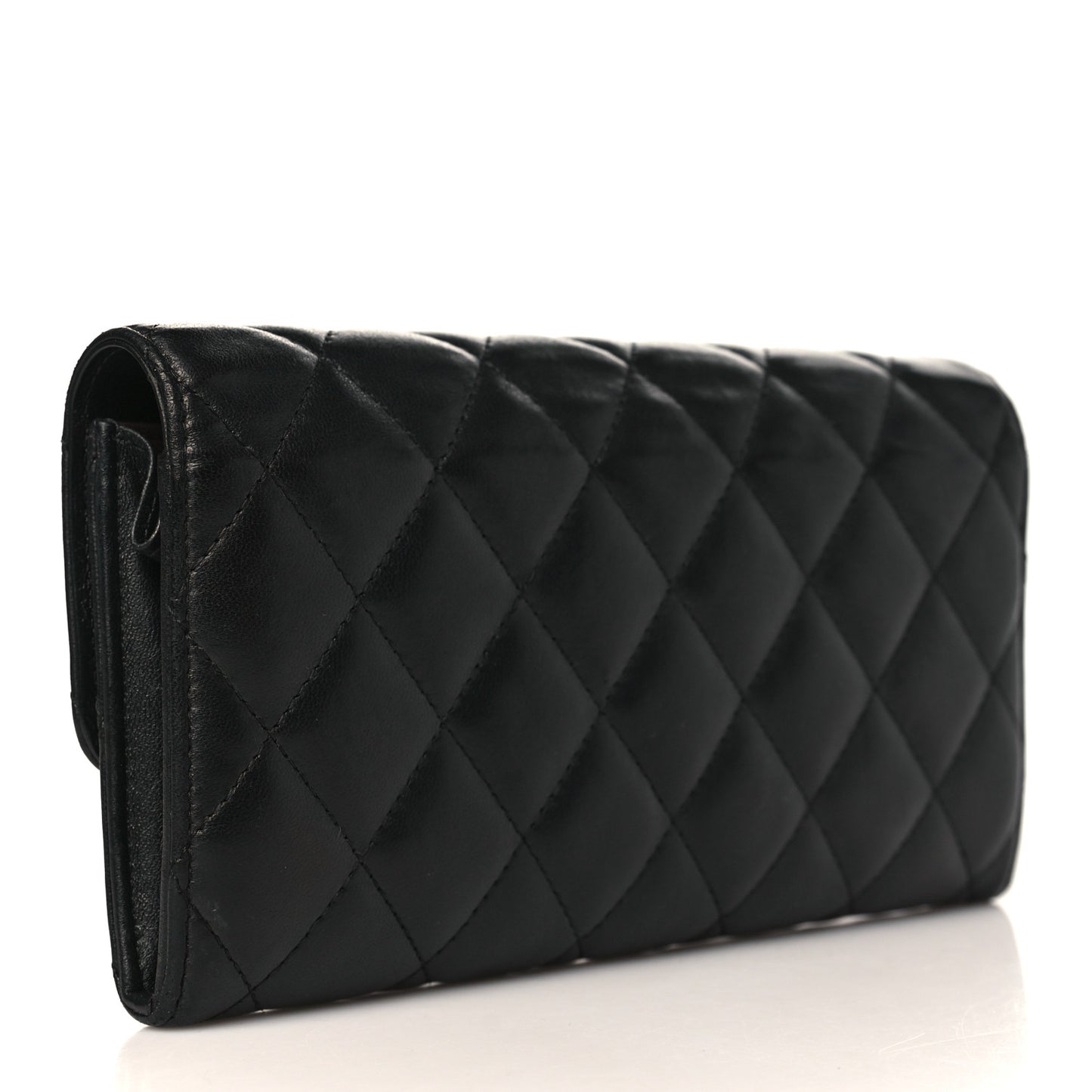 Lambskin Quilted Large Gusset Flap Wallet Black