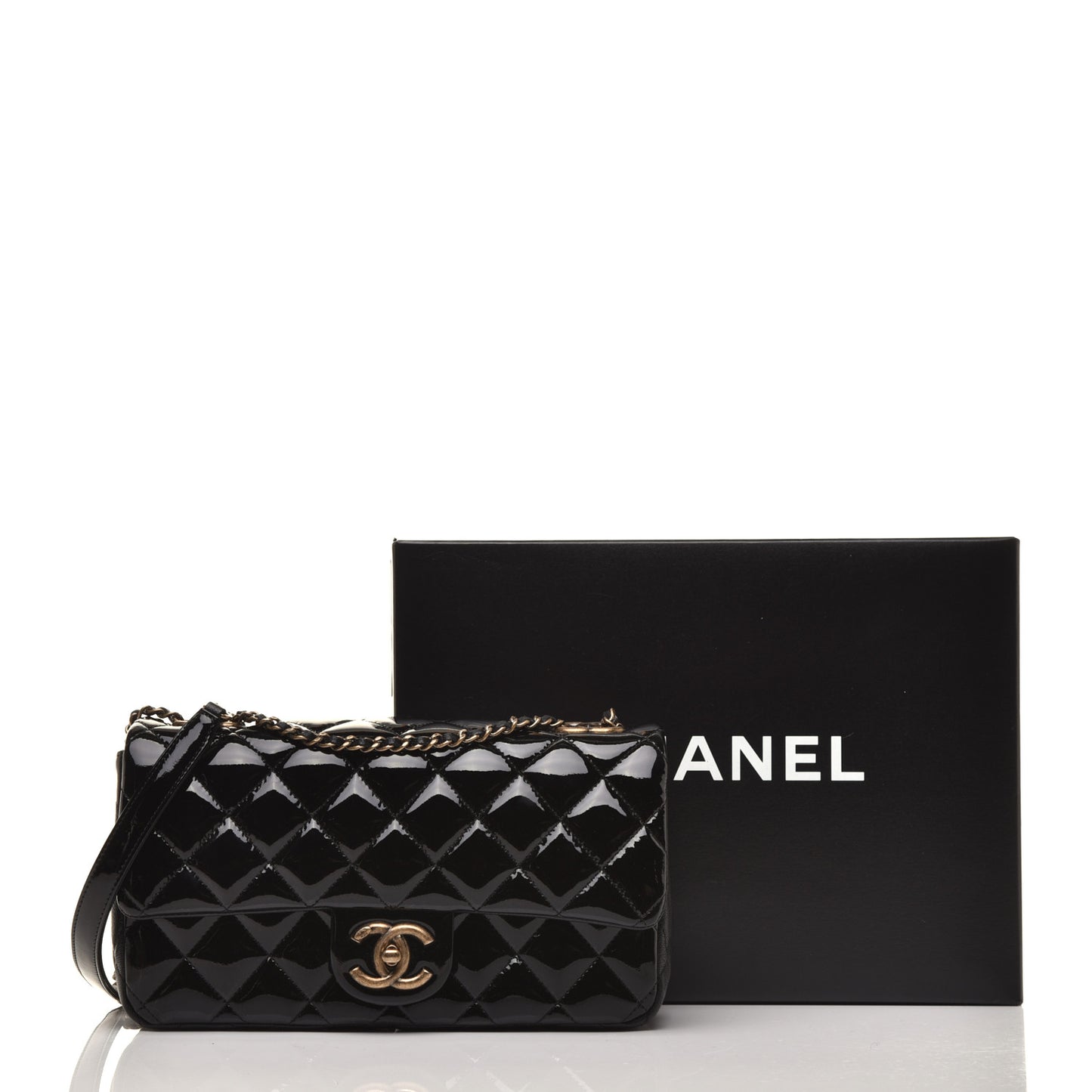 Patent Goatskin Quilted Medium CC Eyelet Flap Black
