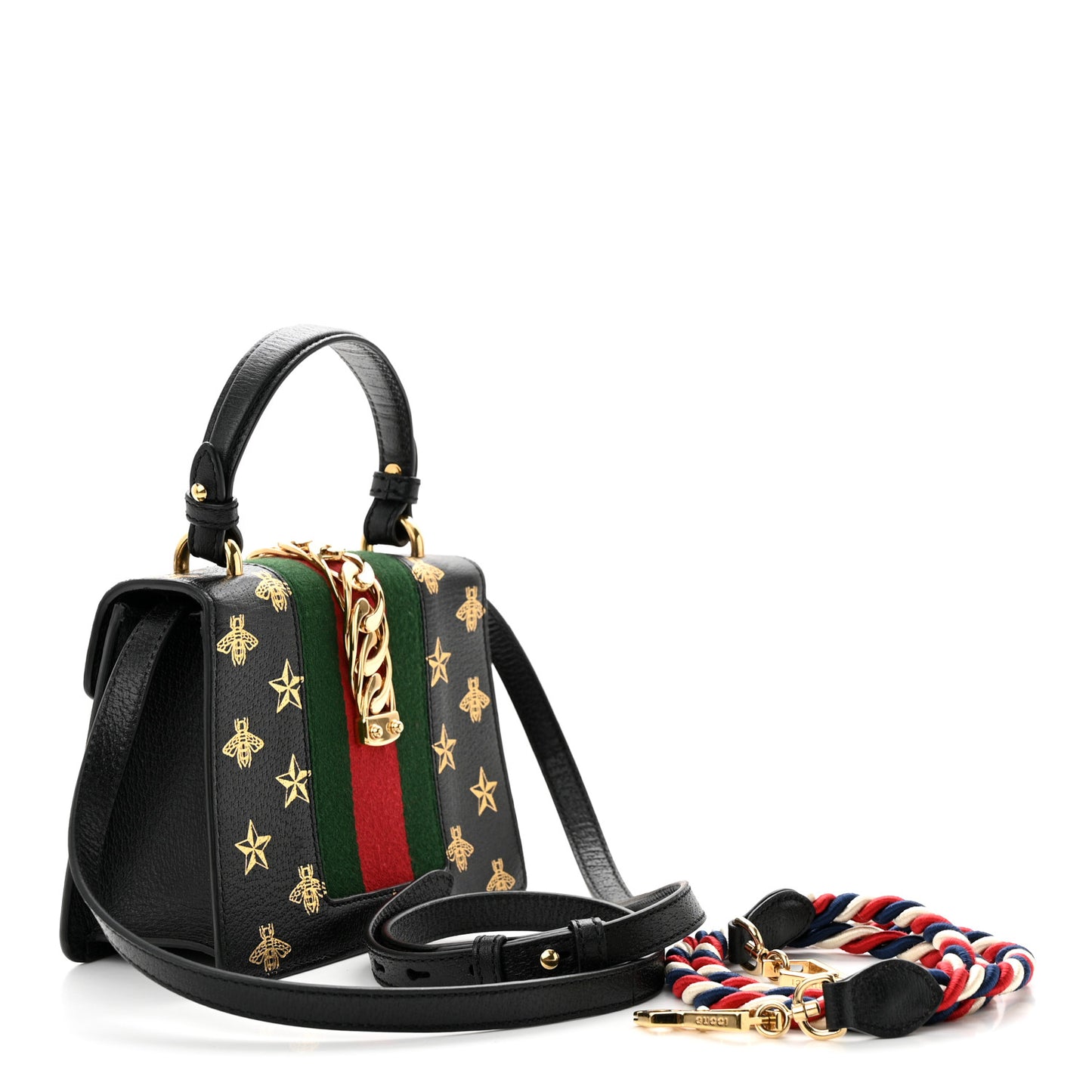 Textured Calfskin Bee Star Print Mini Sylvie Top Handle Bag Black