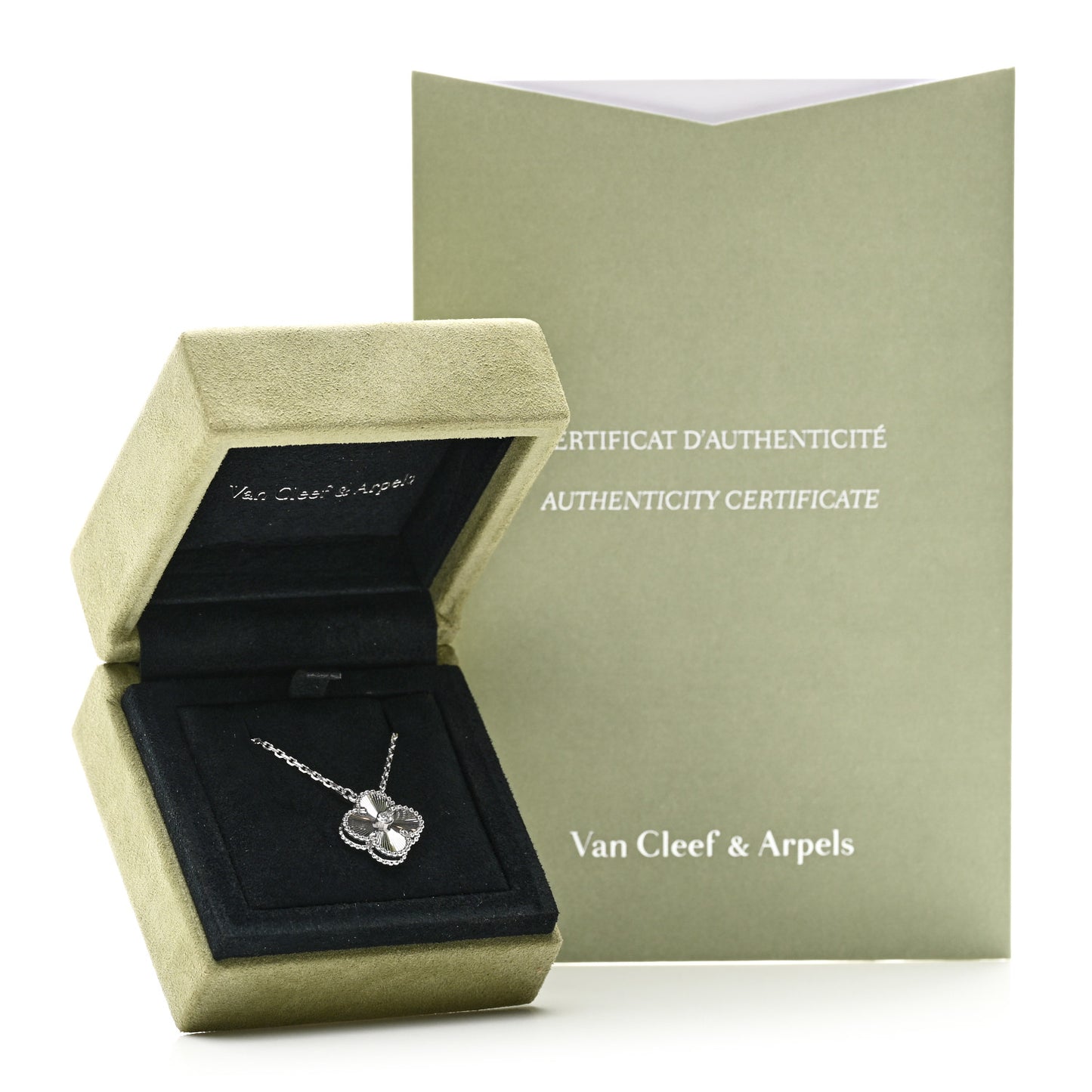 18K White Gold Diamond Guilloche Vintage Alhambra Pendant Necklace