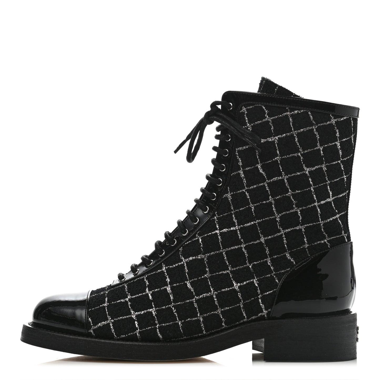 Tweed Patent Calfskin Cap Toe CC Lace Up Boots 40 Black Silver