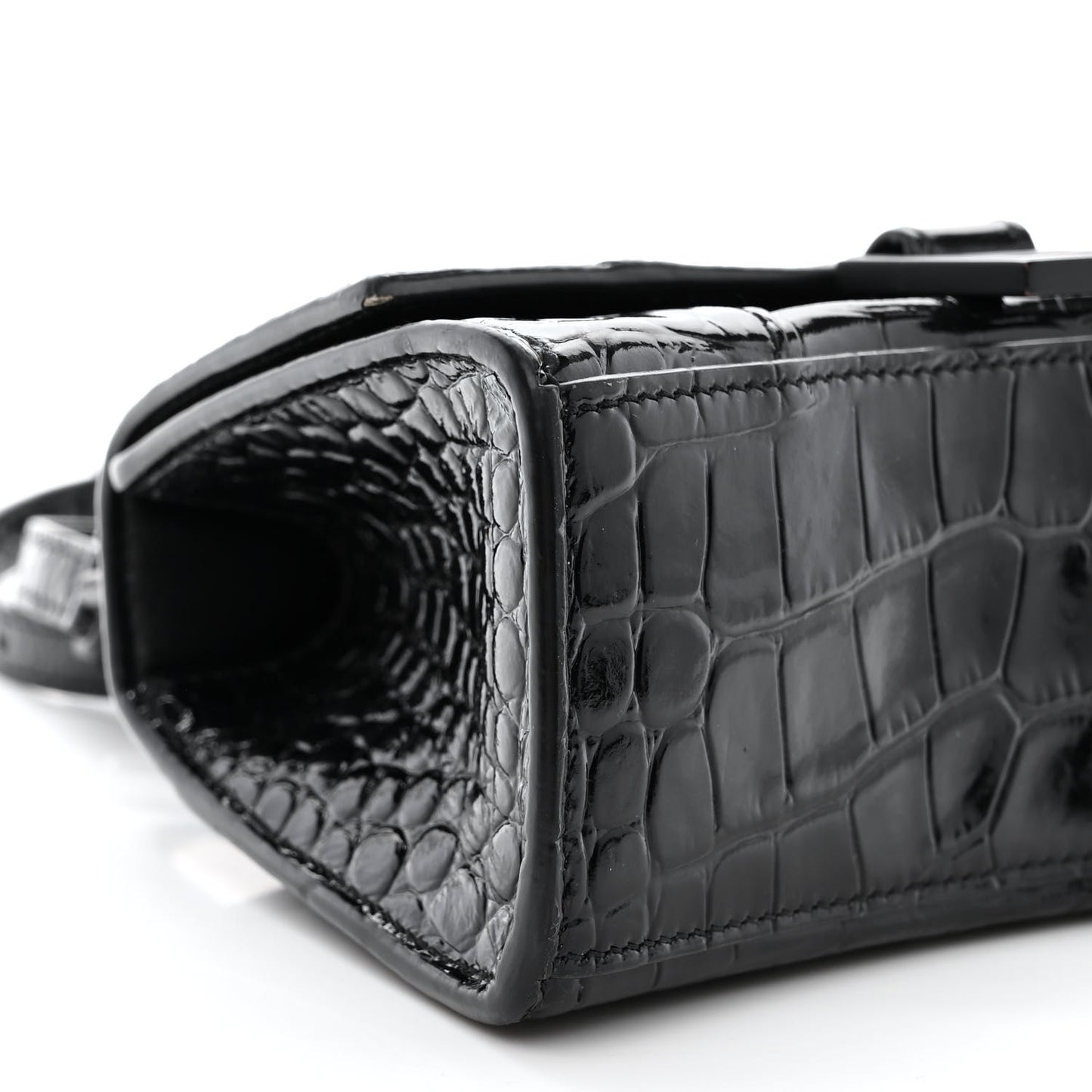Shiny Calfskin Monochrome Crocodile Embossed Hourglass Top Handle Bag XS Black