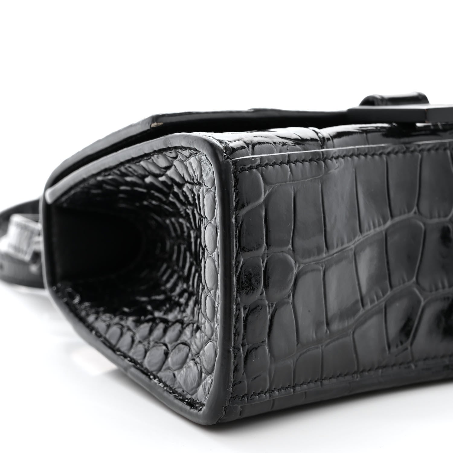 Balenciaga Shiny Calfskin Monochrome Crocodile Embossed Hourglass Top Handle Bag XS Black 10 of 13