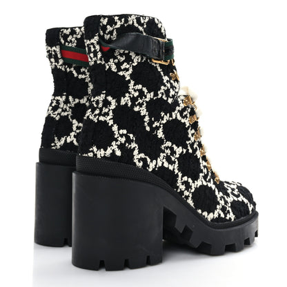 Gucci Tweed GG Monogram Lace Up Combat Ankle Boots 40 Black 4 of 7