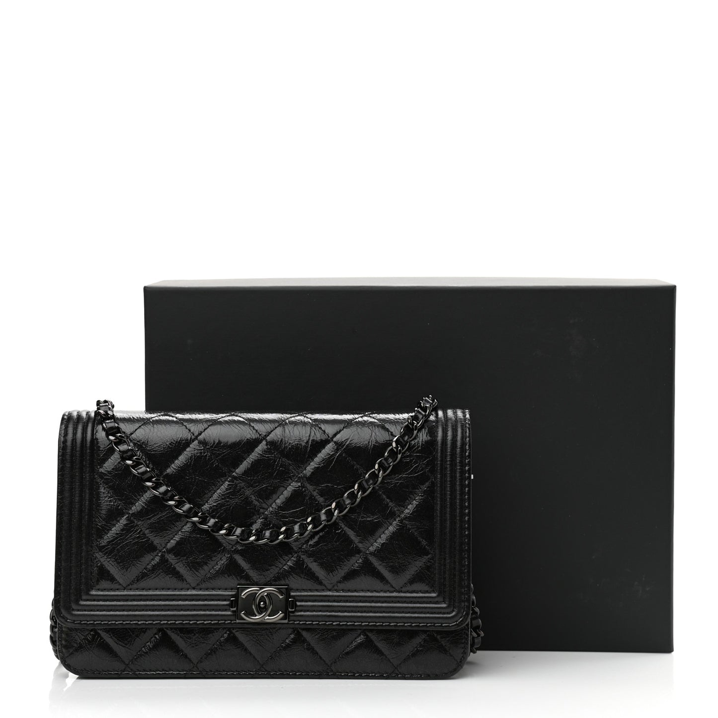 Shiny Aged Calfskin Quilted Boy Wallet On Chain WOC So Black