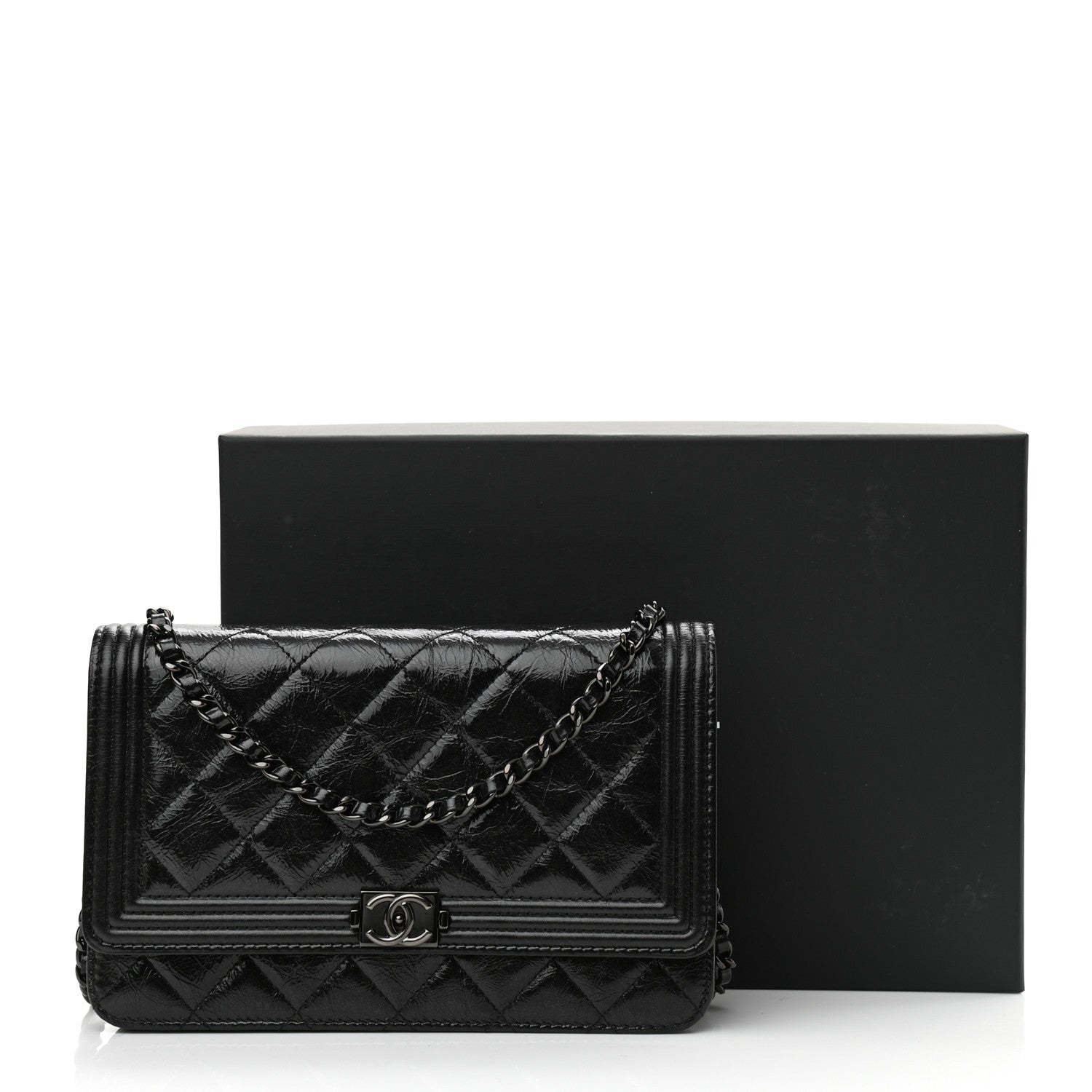 Chanel Shiny Aged Calfskin Quilted Boy Wallet On Chain WOC So Black 13 of 13