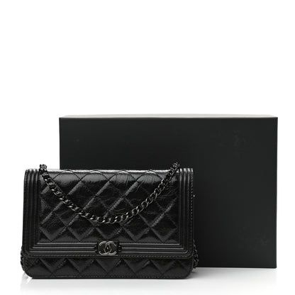 Chanel Shiny Aged Calfskin Quilted Boy Wallet On Chain WOC So Black 13 of 13