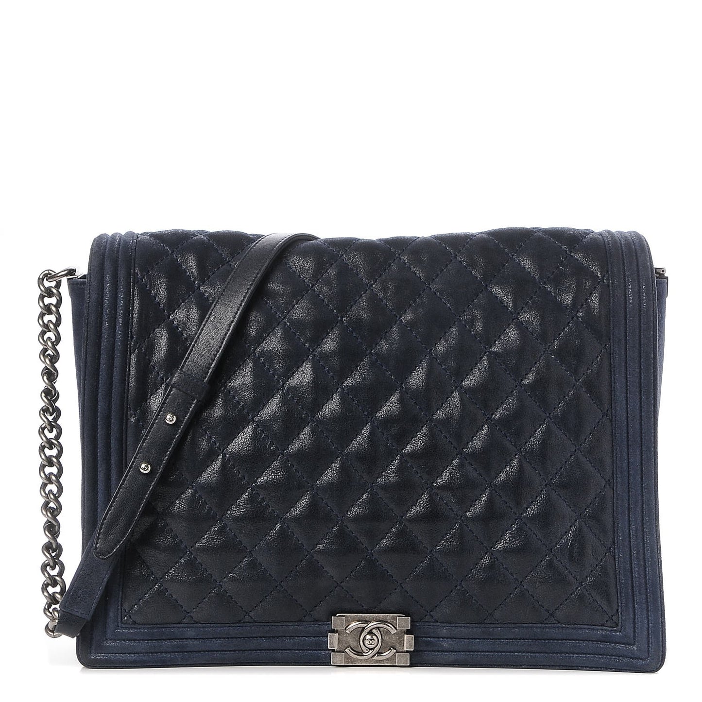 Iridescent Calfskin Quilted Large Gentle Boy Flap Navy