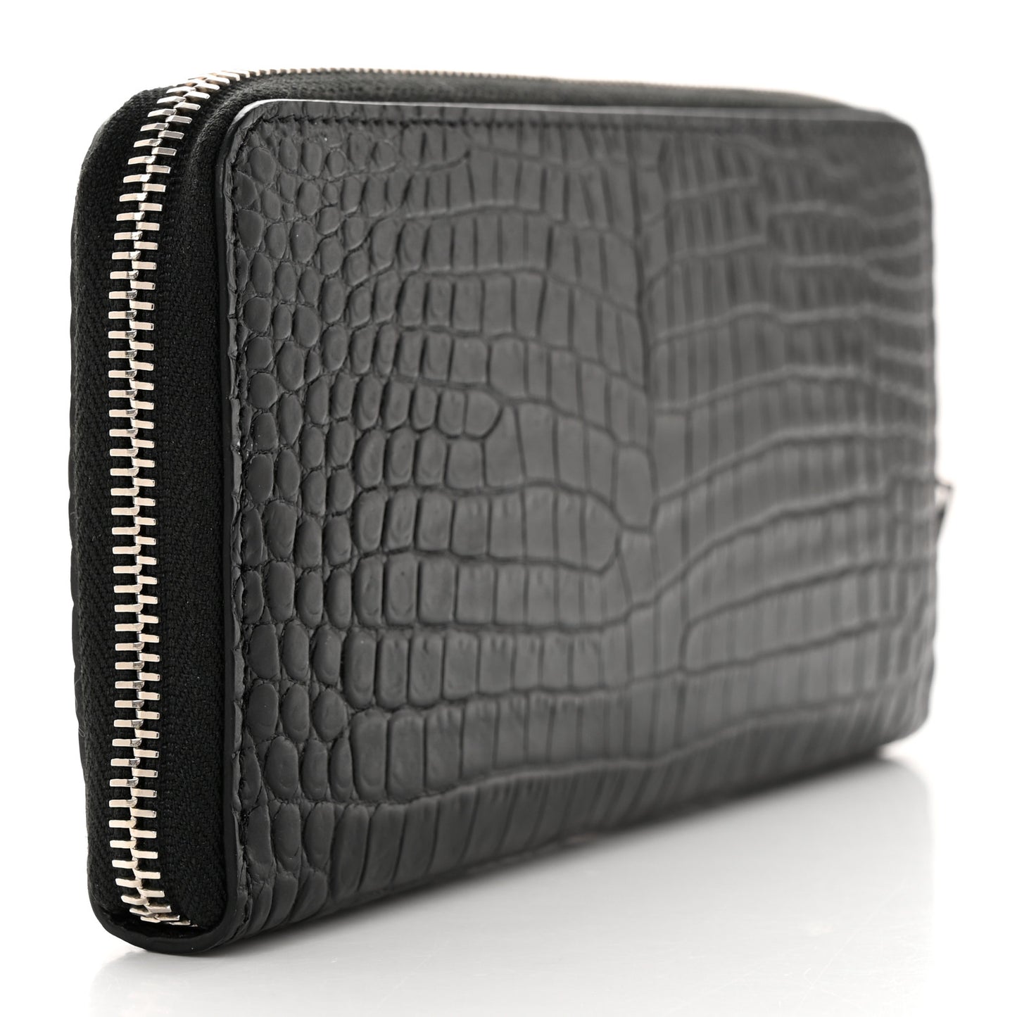 Calfskin Crocodile Embossed Monogram Zip Around Wallet Black