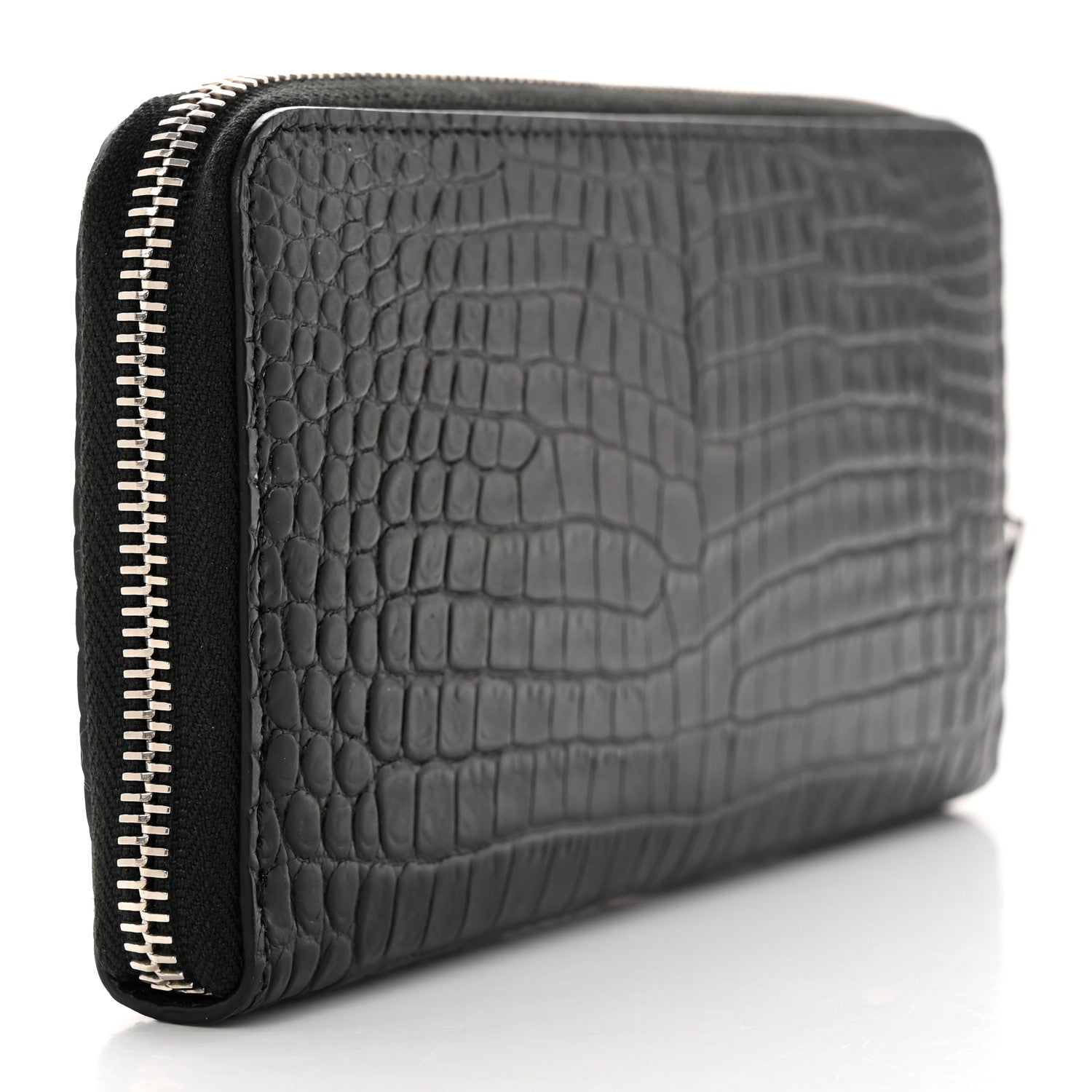 Saint Laurent Calfskin Crocodile Embossed Monogram Zip Around Wallet Black 3 of 7