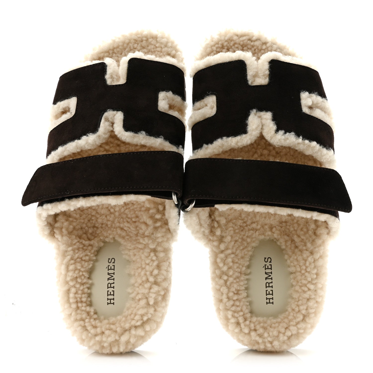 Hermes Suede Goatskin Woolskin Womens Chypre Sandals 37.5 Marron Ebene 2 of 10