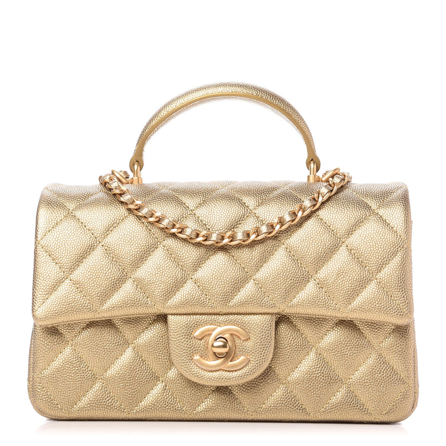 Metallic Caviar Quilted Mini Top Handle Rectangular Flap Gold