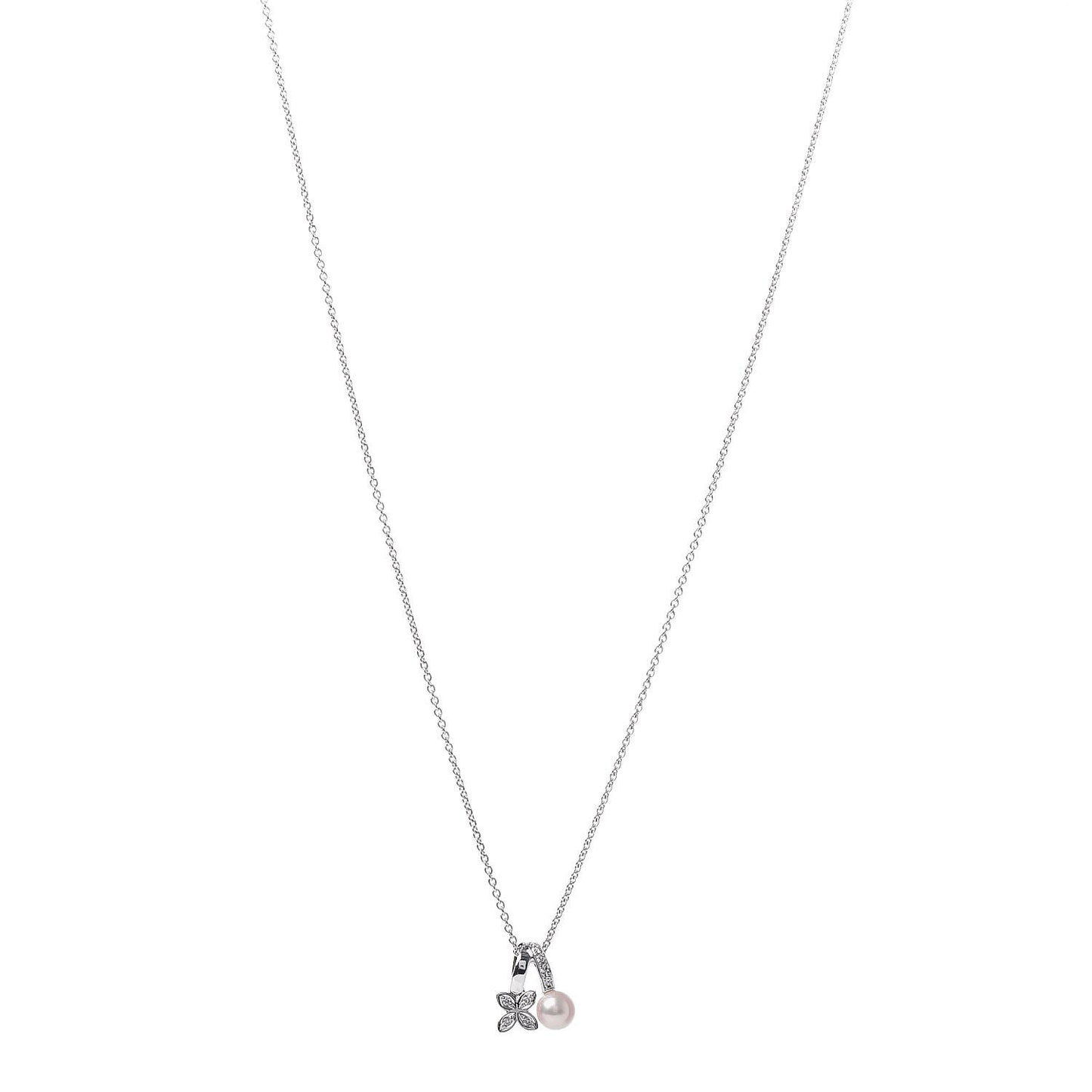 18K White Gold Diamond Akoya Pearl 5.5mm Flower Pendant Necklace