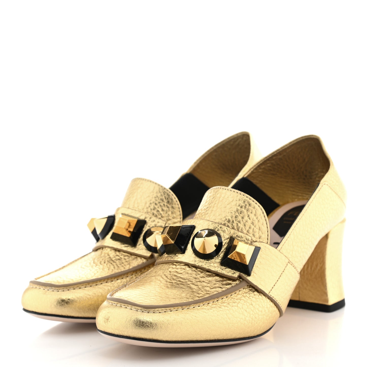 Calfskin Studded Mid-Heel Loafer Pumps 36 Gold Black