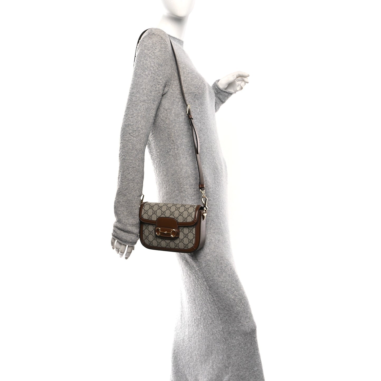GG Supreme Monogram Web Mini Horsebit 1955 Shoulder Bag Beige Brown Sugar