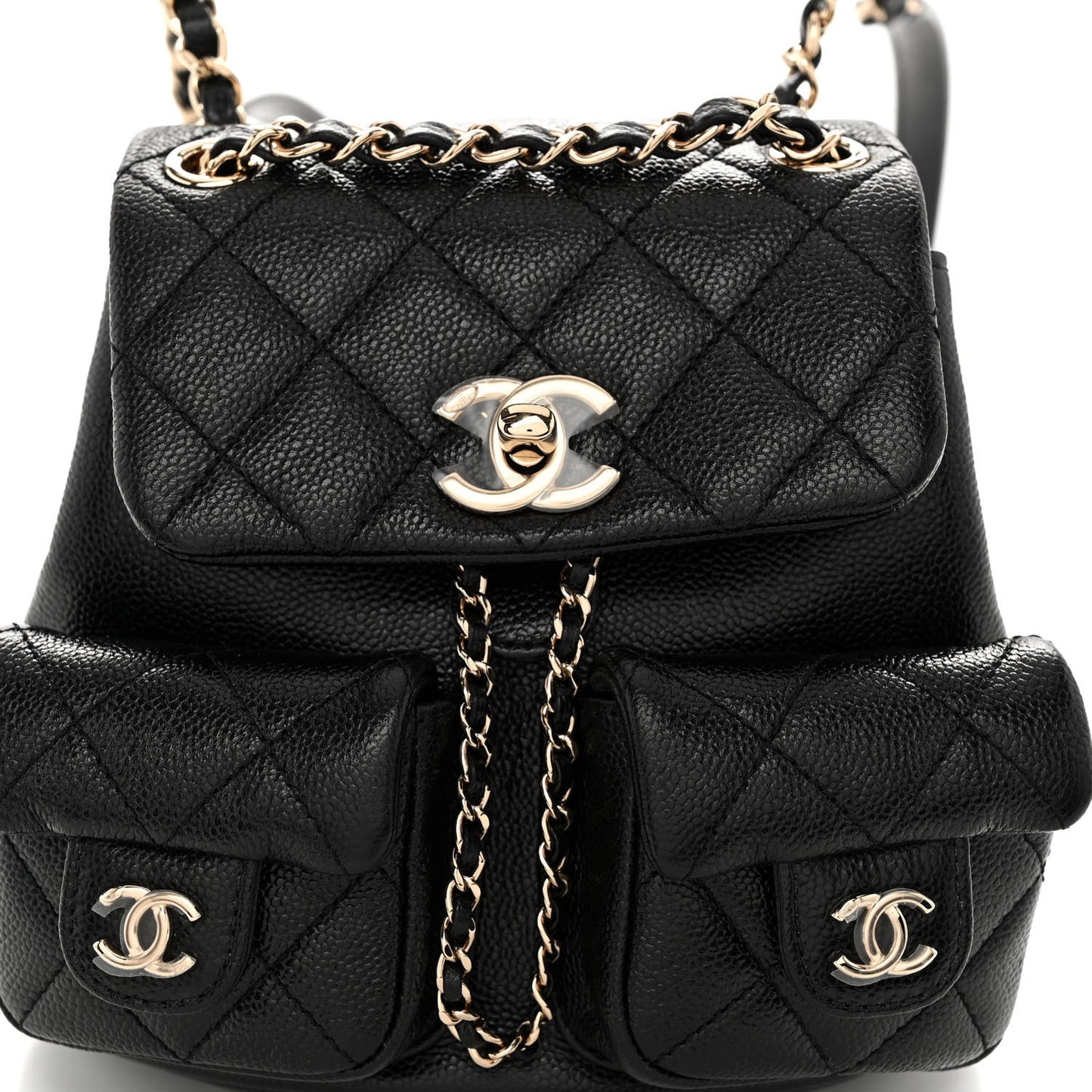 Shiny Caviar Quilted Small Duma Pockets Drawstring Backpack Black