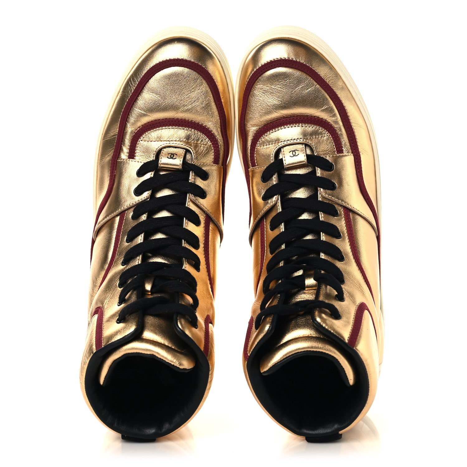 Chanel Metallic Satin Lambskin Mens Logo High Top Sneakers 45 Gold Burgundy 2 of 8
