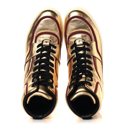 Chanel Metallic Satin Lambskin Mens Logo High Top Sneakers 45 Gold Burgundy 2 of 8