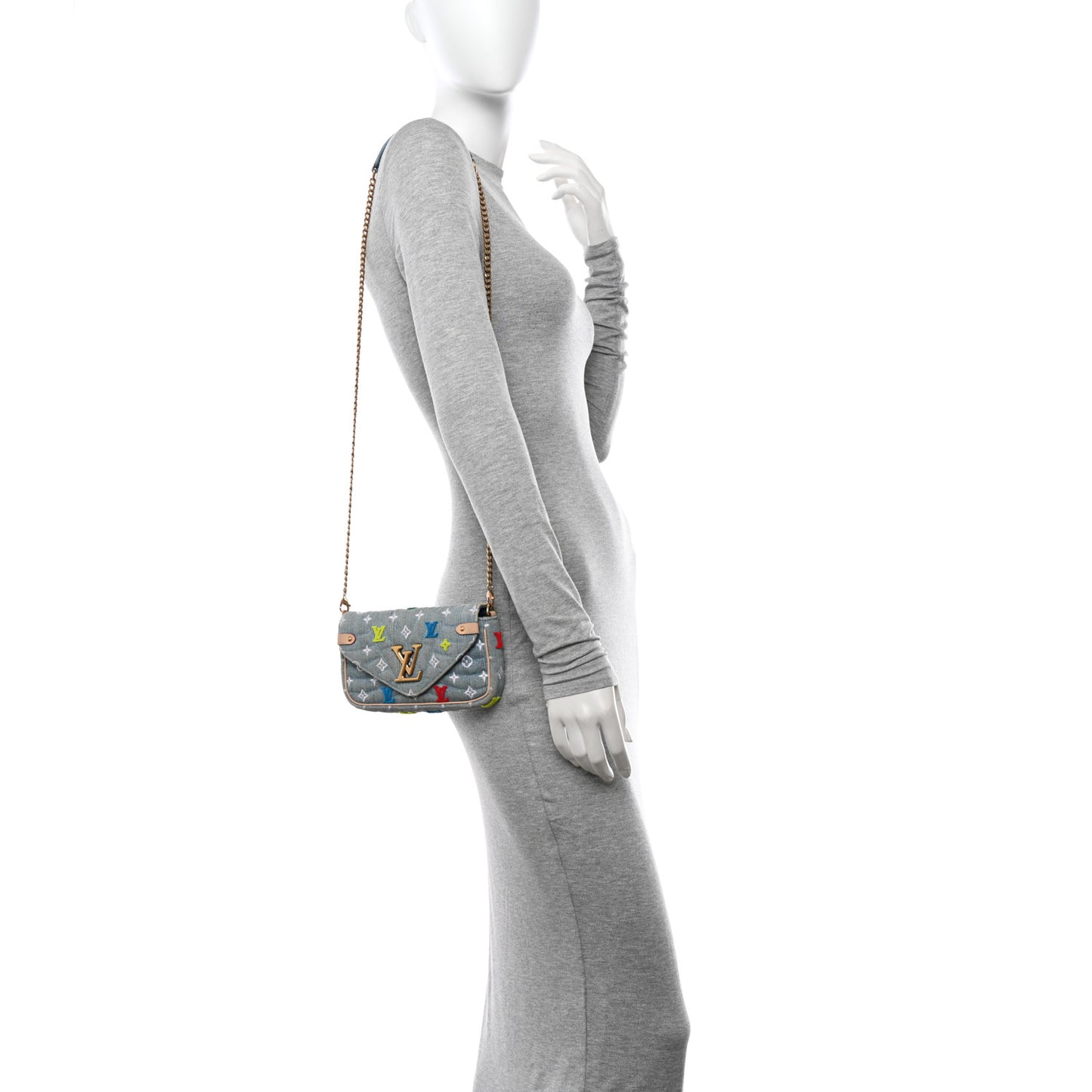 Embroidered Monogram Denim New Wave Chain Pochette Blue