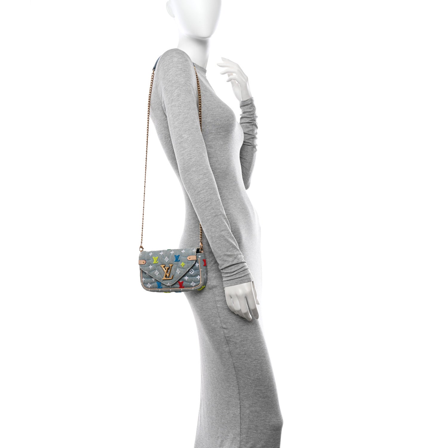 Louis Vuitton Embroidered Monogram Denim New Wave Chain Pochette Blue 2 of 10