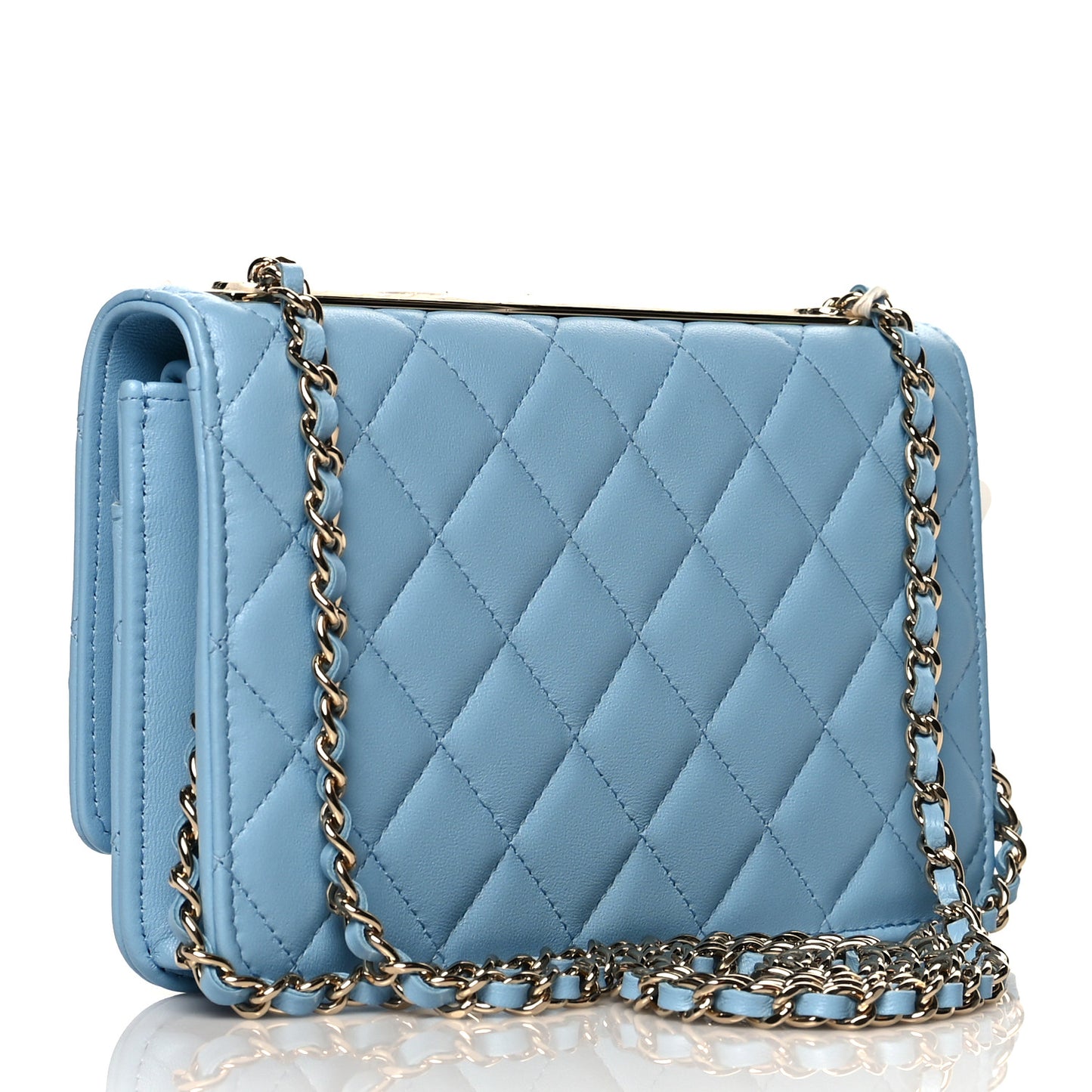Lambskin Quilted Trendy CC Wallet On Chain WOC Light Blue