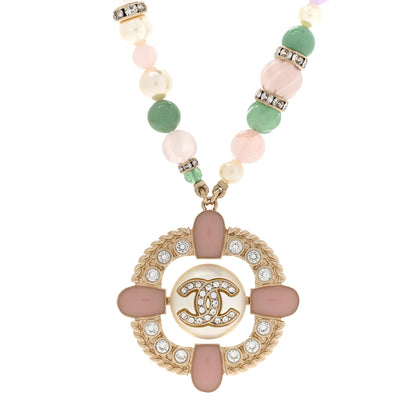 Chanel Crystal Resin Pearl Beaded CC Pendant Necklace Green White Pink 4 of 8
