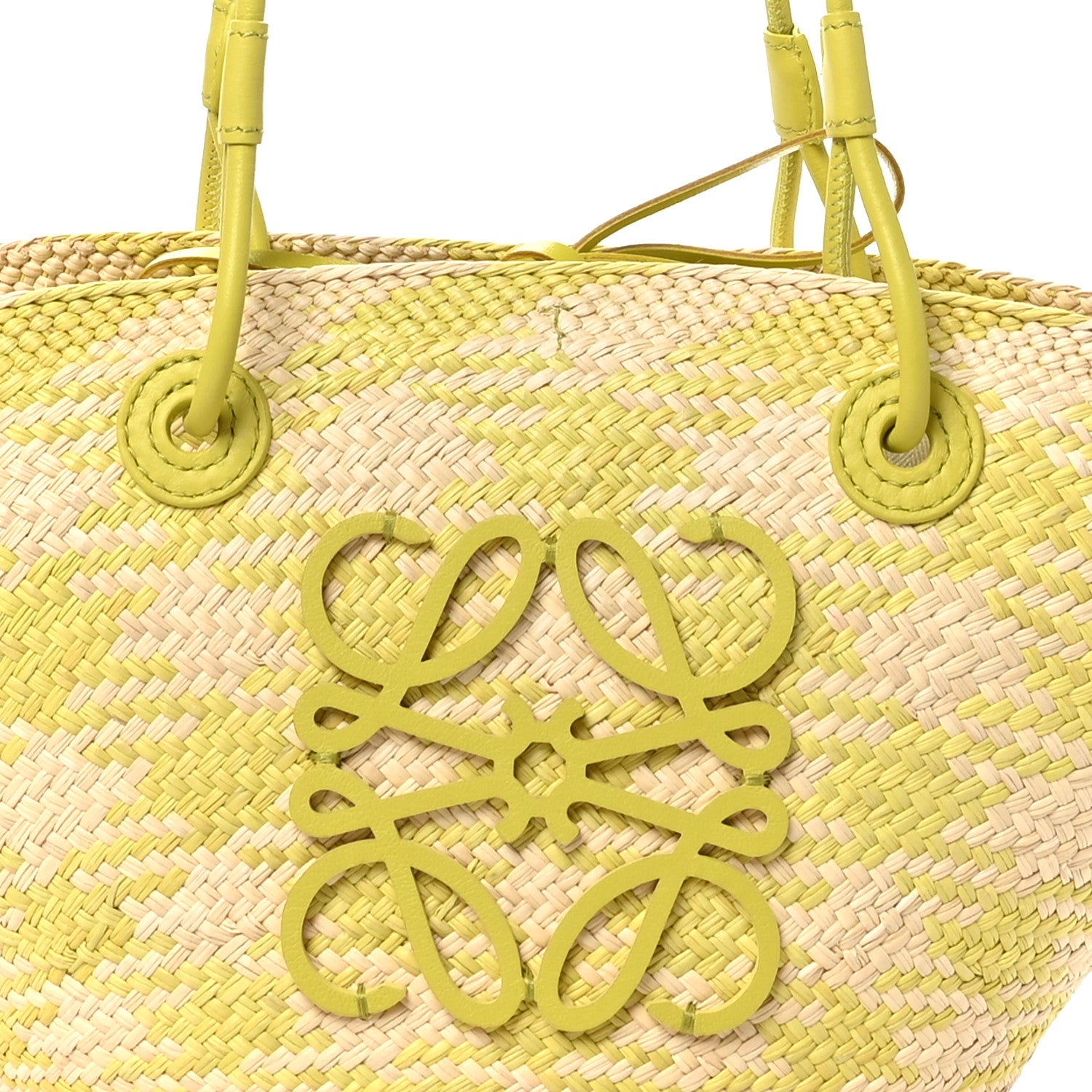 Loewe Calfskin Raffia Paulas Ibiza Small Anagram Basket Tote Bag Natural Lime Green 7 of 9