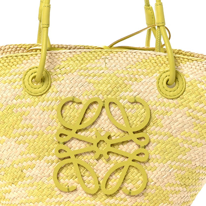 Loewe Calfskin Raffia Paulas Ibiza Small Anagram Basket Tote Bag Natural Lime Green 7 of 9