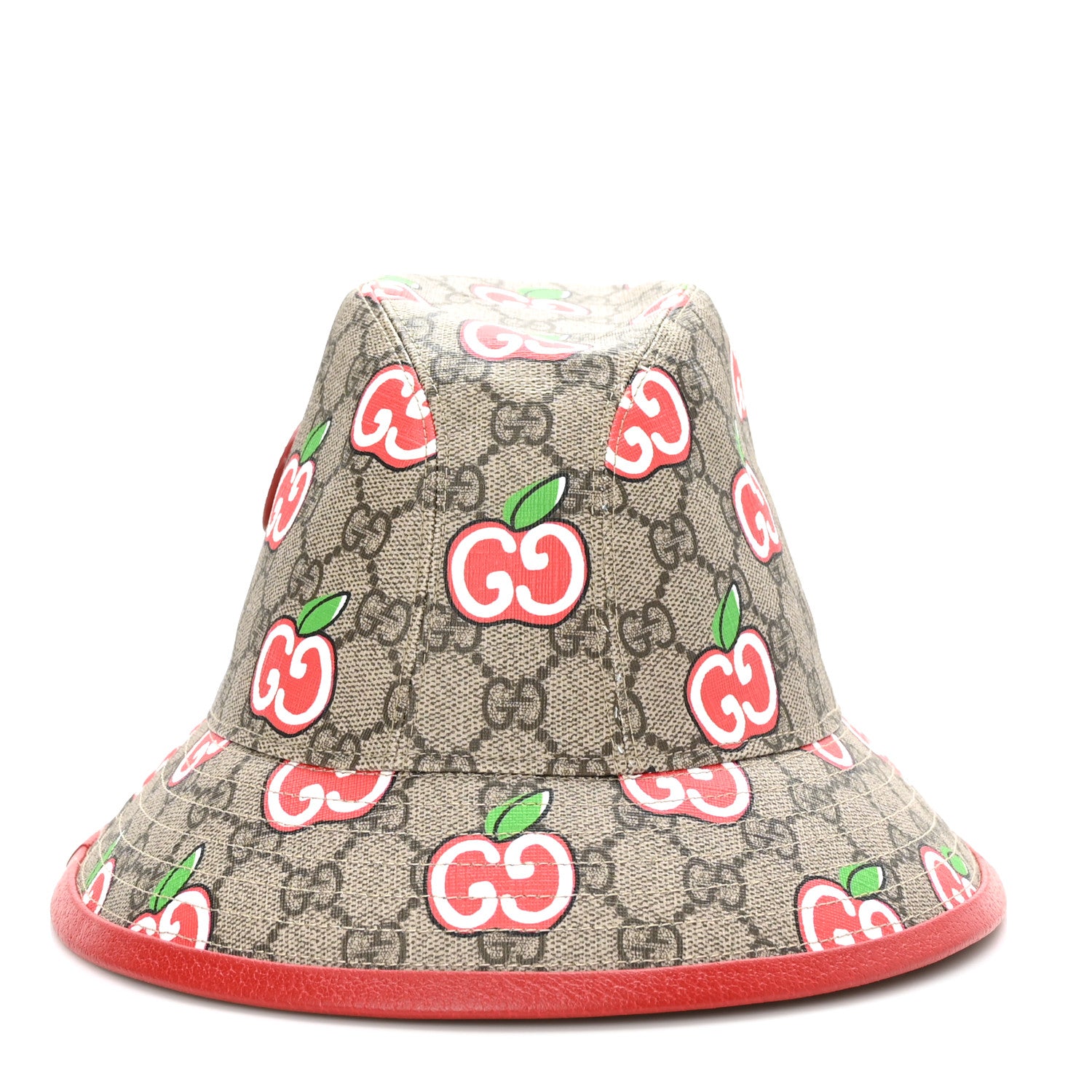 Gucci GG Supreme Monogram Apple Textured Dollar Calfskin Retro Interlocking G Fedora Pomme Bucket Hat XS Beige Ebony Red 3 of 8