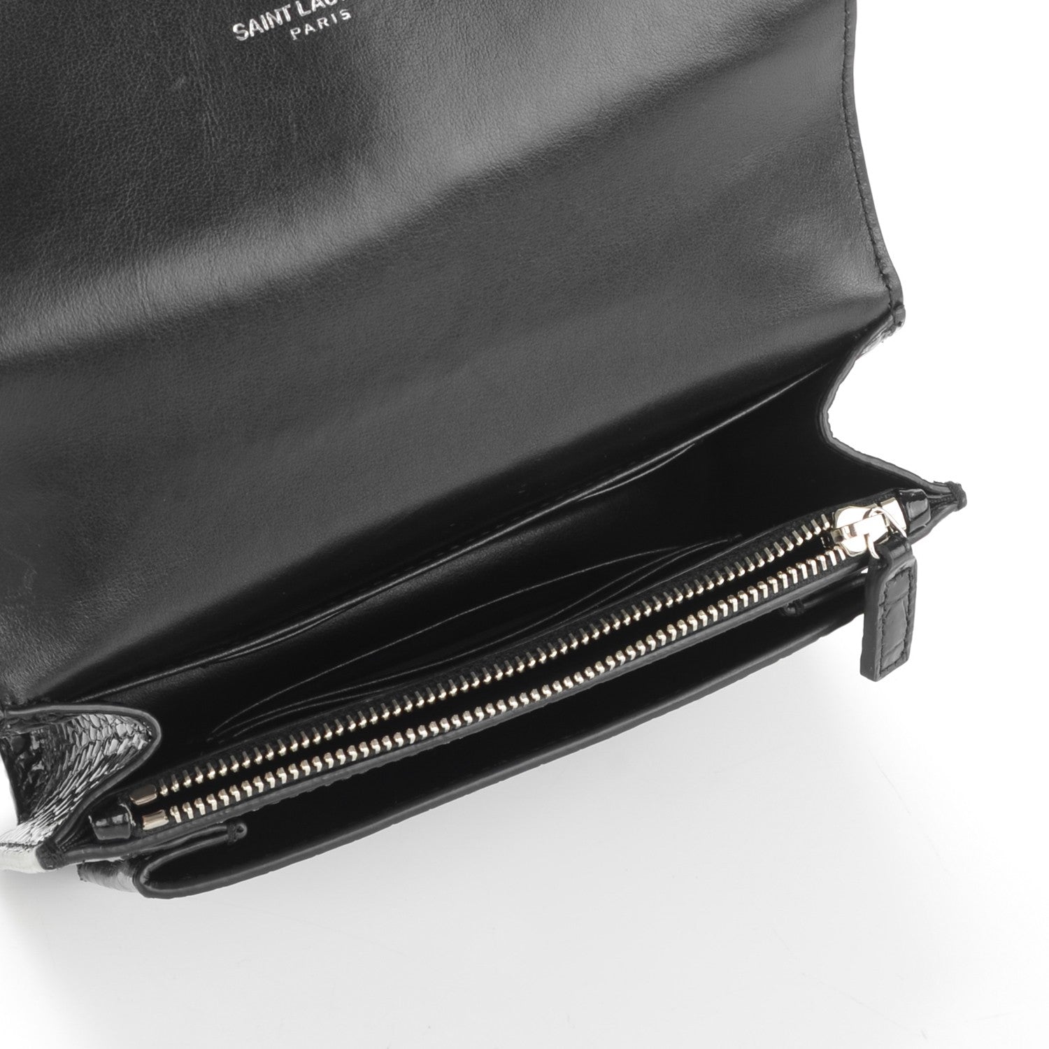 Saint Laurent Calfskin Crocodile Embossed Monogram Sunset Chain Wallet Black 5 of 7